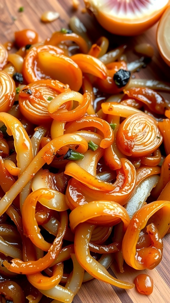 Close-up of sautéed onions, golden brown and caramelized, on a wooden cutting board.